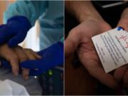 Left: Michael Harris, 19, rests his gloved hands on his fatherCfUs arm. He will barely move for the next half-hour or so. Right: Chaplain Kevin Deegan holds a tube containing the paper image of Bob HarrisCfU heartbeat.