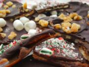 This highly caloric holiday goodie is fun to share (throw some pieces in a cookie tin for gift-giving) and looks so festive topped with nuts, marshmallows or crushed candy canes.