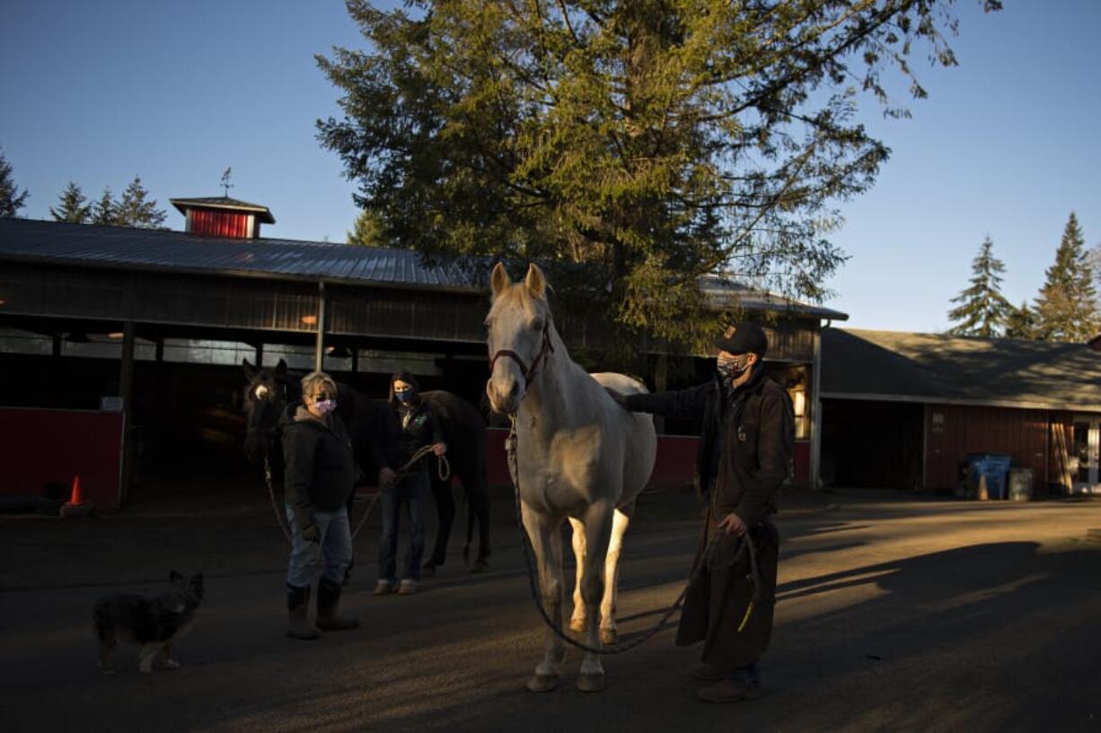 Denice Larson-Morrison of Windhaven Therapeutic Riding, from left, joins Jessica Dunford and her son, Gabriel Larson, as they work with Sara, a black-colored horse, and Rawhide, a cream-colored horse, in La Center on the morning of Dec. 24.