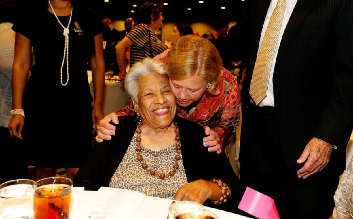 U.S. Sen. Mary Landrieu, D-La., hugs chef Leah Chase during a &quot;Women with Mary&quot; campaign event on Oct. 22, 2014, in New Orleans.