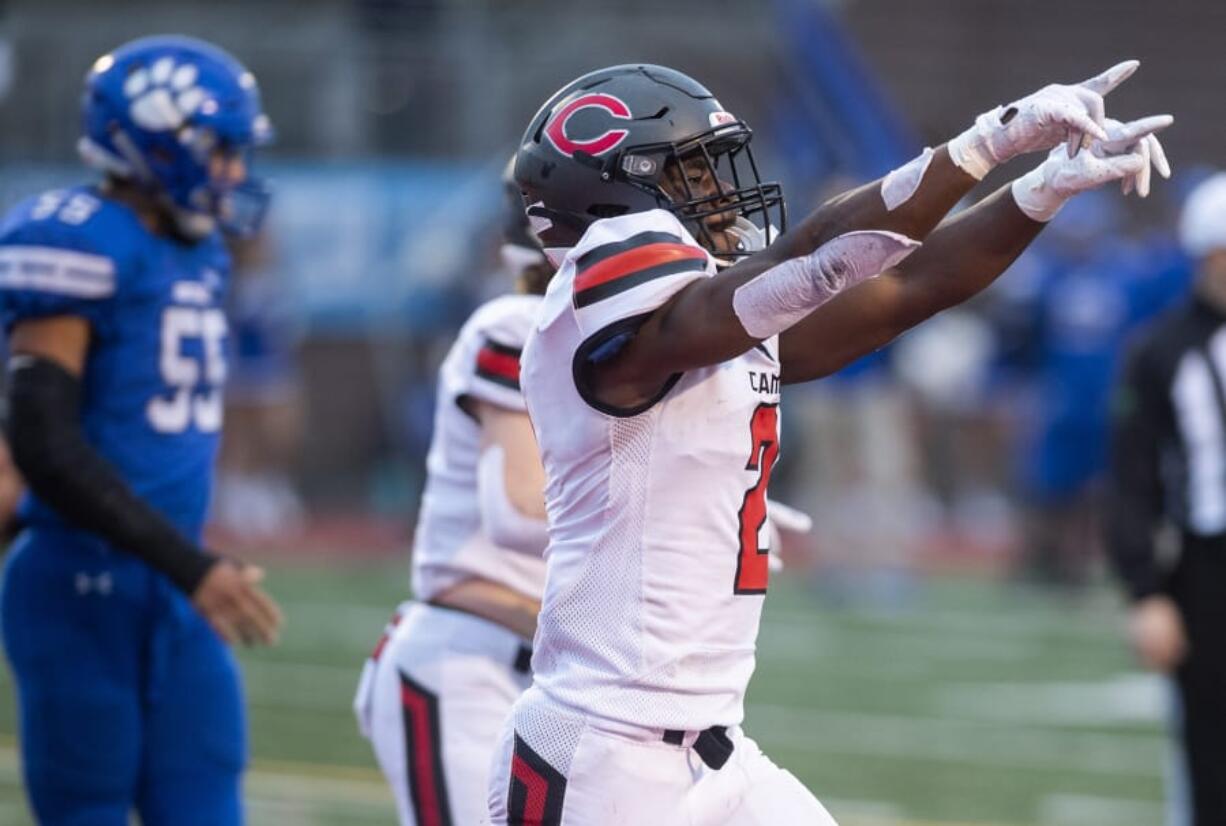 Camas&#039; Jacques Badolato-Birdsell (2) celebrates a touchdown during Saturday&#039;s Class 4A state championship game against Bothell at Mount Tahoma High School in Tacoma on Dec. 7, 2019.