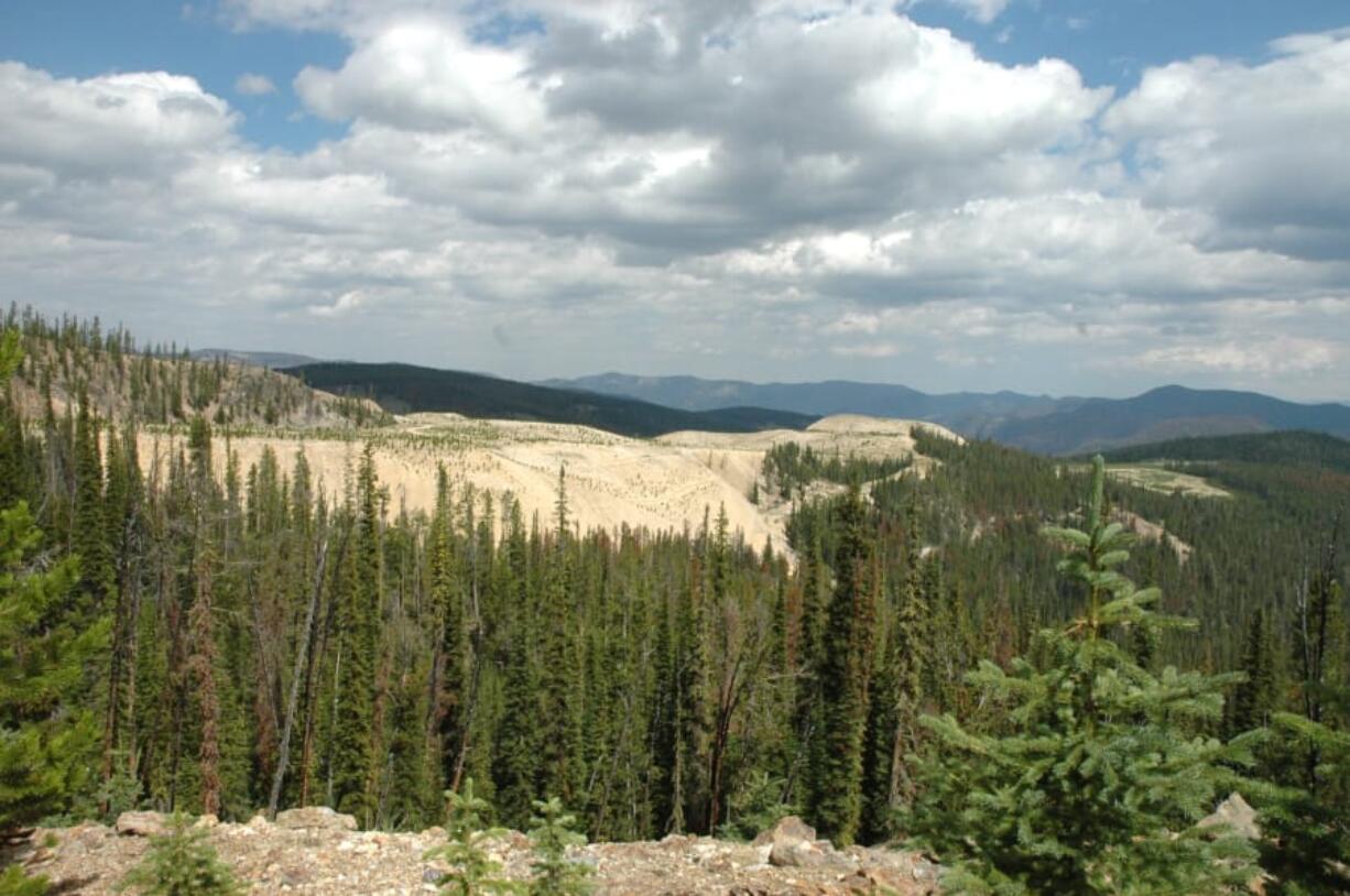 This undated photo shows a view of central Idaho&#039;s Thunder Mountain from the south and the reclaimed mining areas that yielded more than 100,000 ounces since mining began there in the late 19th century.