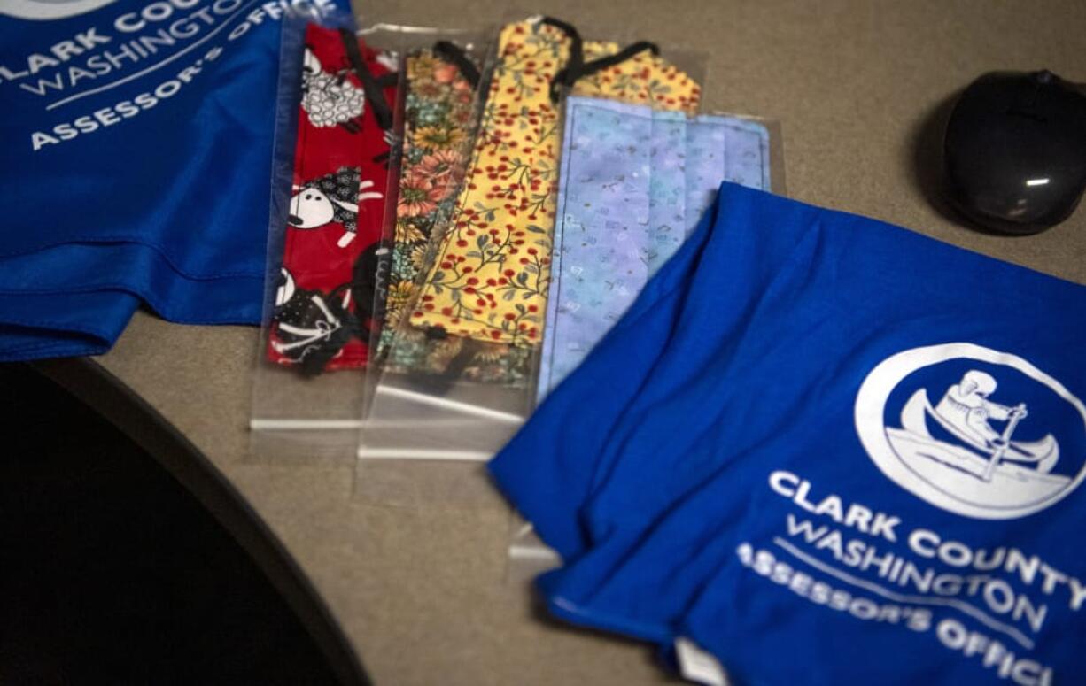 Masks are set out on each of the desks at the Clark County assessors office at the Clark County Public Service Center in Vancouver on May 1.