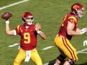 Quarterback Kedon Slovis #9 of the USC Trojans passes against Arizona State Sun Devils in the first half of a NCAA football game at the Los Angeles Memorial Coliseum in Los Angeles on Saturday, November 7, 2020.