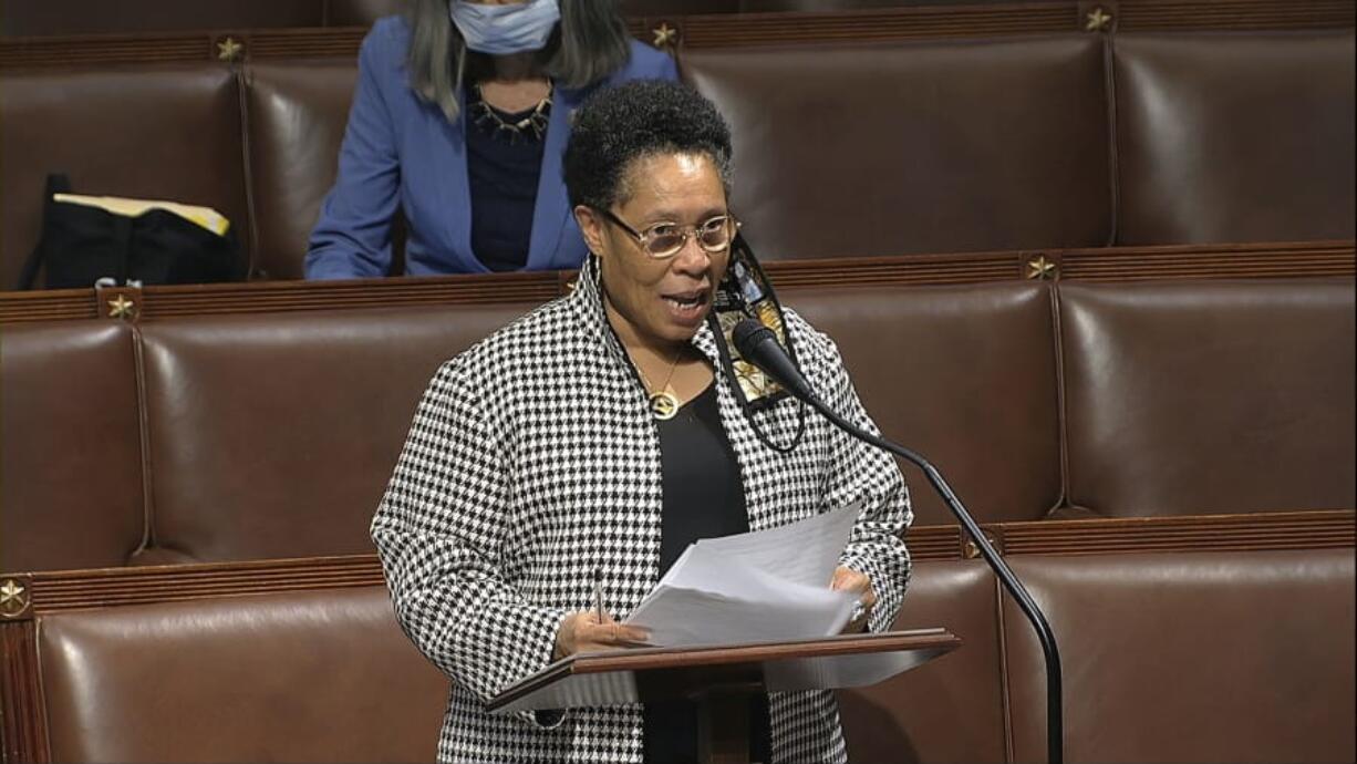 In this image from video, Rep. Marcia Fudge, D-Ohio, speaks on the floor of the House of Representatives at the U.S. Capitol in Washington, Thursday, April 23, 2020. Two Democratic women are contenders to be President-elect Joe Biden&#039;s secretary of agriculture. Rep. Marcia Fudge of Ohio and former Sen. Heidi Heitkamp of North Dakota are in the running for the Cabinet position.