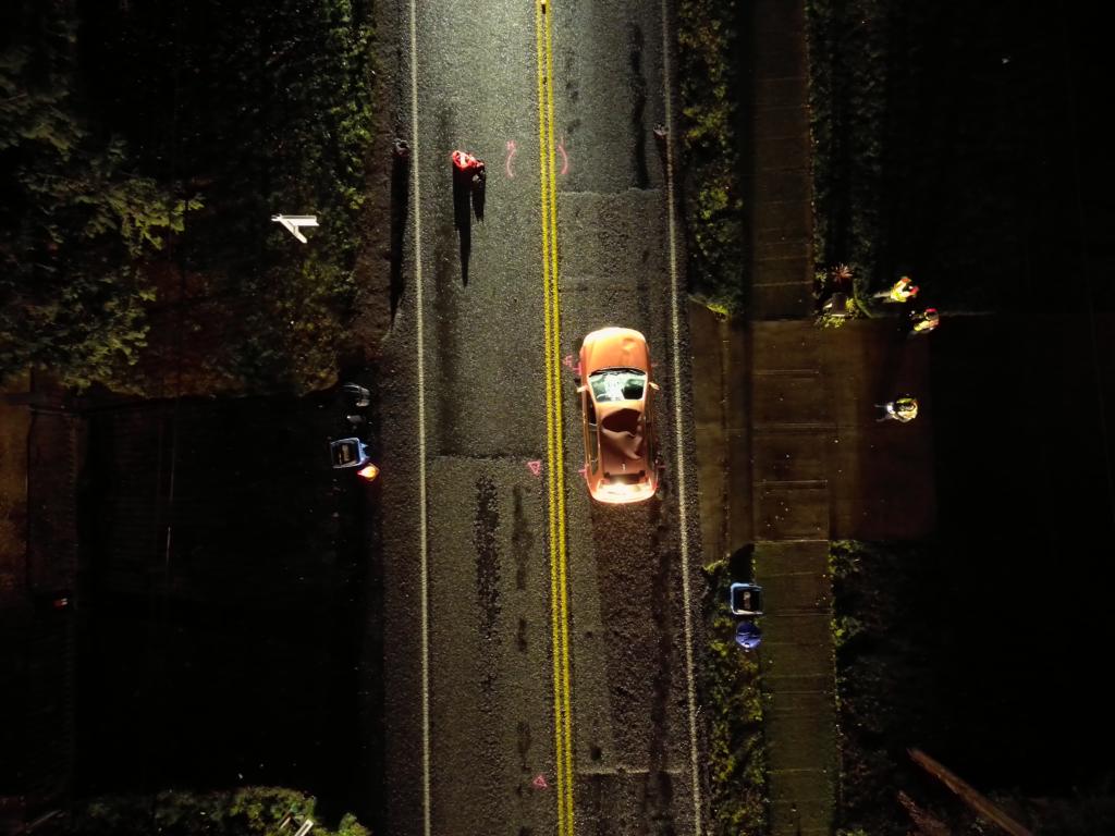 A Clark County Sheriff's Office drone shows the scene of a late-night crash on Northeast 50th Avenue that seriously injured a 40-year-old homeless man.