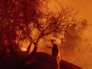 Bruce McDougal hoses down vegetation while working to save his home from the Bond Fire burning though the Silverado community in Orange County, Calif., on Thursday, Dec. 3, 2020.