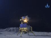 In this China National Space Administration (CNSA) photo released by Xinhua News Agency, a simulated image of the ascender of Chang&#039;e-5 spacecraft blasting off from the lunar surface at the Beijing Aerospace Control Center (BACC) in Beijing on Dec. 3, 2020. The Chinese lunar probe lifted off from the moon Thursday night with a cargo of lunar samples on the first stage of its return to Earth, state media reported.