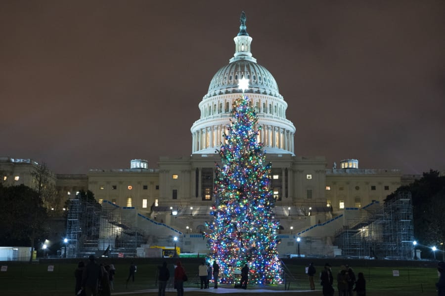 U.S. Capitol Christmas Tree is seen at the U.S. Capitol at night after negotiators sealed a deal for COVID relief Sunday, Dec. 20, 2020, in Washington. Top Capitol Hill negotiators sealed a deal Sunday on an almost $1 trillion COVID-19 economic relief package, finally delivering long-overdue help to businesses and individuals and providing money to deliver vaccines to a nation eager for them.