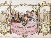 The first commercially produced Christmas card, dated December 1843. The card, a hand-colored lithograph designed in England by John Callcott Horsley, is among the rare holiday-themed items put up for auction online through a consortium run by Marvin Getman, a Boston-based dealer in rare books and manuscripts.