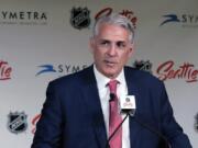 Ron Francis talks to reporters in Seattle, after he was introduced as the first general manager for the Seattle Kracken in 2019.  (AP Photo/Ted S.