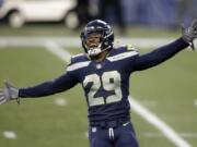 Seattle Seahawks free safety D.J. Reed (29) reacts at the end an NFL football game against the Los Angeles Rams, Sunday, Dec. 27, 2020, in Seattle. The Seahawks won 20-9.