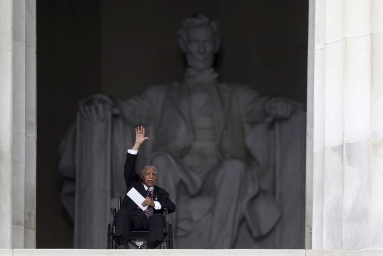 FILE - In this Wednesday, Aug. 28, 2013 file photo, Rev. Joseph Lowery speaks at the 50th anniversary of the March on Washington where Martin Luther King Jr., spoke, at the Lincoln Memorial in Washington. Lowery, a veteran civil rights leader who helped King found the Southern Christian Leadership Conference and fought against racial discrimination, died Friday, March 27, 2020, the family said. He was 98.