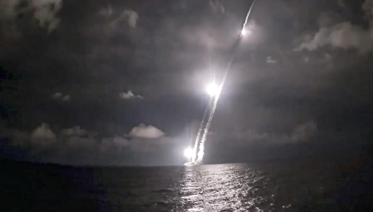 In this photo taken from video distributed by Russian Defense Ministry Press Service, Intercontinental ballistic missiles are launched by the Vladimir Monomakh nuclear submarine of the Russian navy from the Sera of Okhotsk, Russia, Saturday, Dec. 12, 2020. The submarine successfully test-fired four intercontinental ballistic missiles in a show of readiness of the nation&#039;s nuclear deterrent.