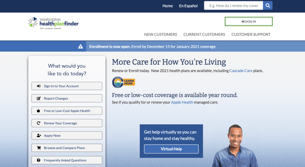 The homepage of Washington HealthPlanFinder.