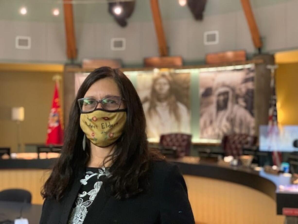 Shelly R. Fyant, chairwoman of the Confederated Salish and Kootenai Tribes of Montana, poses for a photo on Nov. 30, 2020 in Pablo, Mont. Fyant said she was blindsided by a request to use a tribal seal on the ABC series &quot;Big Sky&quot; when she was unaware the Flathead Nation tribe might be written into a scene.