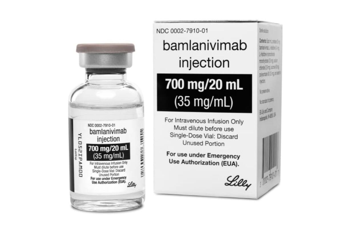 FILE - This photo provided by Eli Lilly shows the drug Bamlanivimab, the first antibody drug to help the immune system fight COVID-19. Antibodies are made by the immune system to fight the virus but it can take several weeks after infection for the best ones to form. This and a Regeneron medication aim to help right away, by supplying concentrated doses of one or two antibodies that worked best in lab tests.