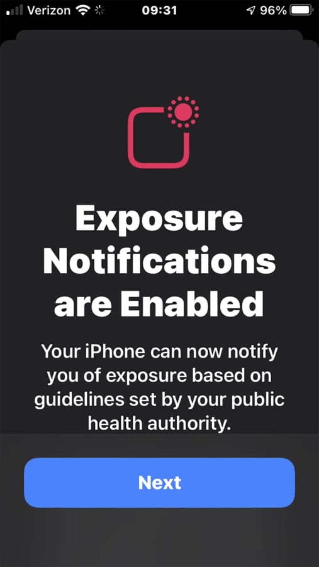 This screen shot from an iPhone with COVID-19 exposure notifications turned on shows information for iPhone users who are considering opting in to a statewide exposure notification program. (ted s.