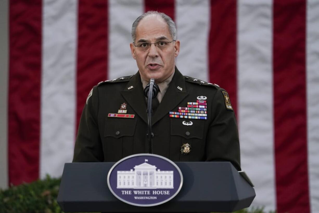 FILE - In this Nov. 13, 2020, file photo Army Gen. Gustave Perna, who is leading Operation Warp Speed, speaks during at an event in the Rose Garden of the White House in Washington. The Army general in charge of getting COVID-19 vaccines across the United States apologized on Saturday, Dec. 19, for &quot;miscommunication&quot; with states over the number of doses to be delivered in the early stages of distribution. &quot;I failed. I&#039;m adjusting. I am fixing and we will move forward from there,&quot; Perna told reporters in  telephone briefing.