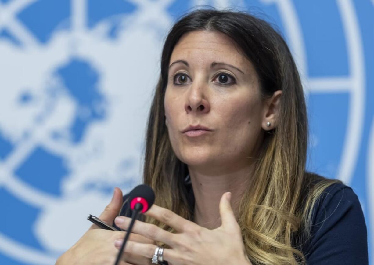 FILE - In this Wednesday, Jan. 29, 2020 file photo, Maria van Kerkhove, head of the Outbreak Investigation Task Force for the World Health Organization speaks during a news conference at the European headquarters of the United Nations in Geneva, Switzerland. The World Health Organization on Monday Dec. 7, 2020 had an unwelcome but potentially life-saving message for the holiday season: Don&#039;t hug. Maria Van Kerkhove, WHO&#039;s technical lead on COVID-19, said most transmission happens among people who tend to spend a lot of time together sharing meals and indoor spaces, in workplaces or homes.