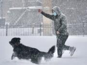 Dr. Charles Blomquist plays with his Newfoundland Daphne at St. Joseph&#039;s on Thursday, Dec. 17, 2020, in Pittsfield, Mass.