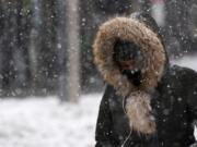 FILE - In this Dec. 17, 2020, file photo, a woman walks through a snowstorm in the Bronx borough of New York.