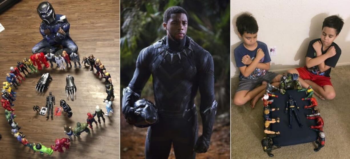 This combination photo shows, from left, Gavyn Batiste, 7, dressed as Black Panther and surrounded by action figures in Lafayette, La. on Aug. 31, 2020, actor Chadwick Boseman in character as T&#039;Challa in &quot;Black Panther&quot; and 10-year old twins Lenny, left, and Bobby Homes paying tribute to Boseman at their home in in Mesa, Ariz. on Aug. 31, 2020. Boseman died of colon cancer on Aug. 28 at age 43, an illness he kept secret from almost everyone, making movies in between surgeries and treatments. The world mourned the actor who, like many of his characters, radiated a regal sense of dignity.