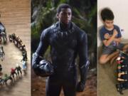 This combination photo shows, from left, Gavyn Batiste, 7, dressed as Black Panther and surrounded by action figures in Lafayette, La. on Aug. 31, 2020, actor Chadwick Boseman in character as T&#039;Challa in &quot;Black Panther&quot; and 10-year old twins Lenny, left, and Bobby Homes paying tribute to Boseman at their home in in Mesa, Ariz. on Aug. 31, 2020. Boseman died of colon cancer on Aug. 28 at age 43, an illness he kept secret from almost everyone, making movies in between surgeries and treatments. The world mourned the actor who, like many of his characters, radiated a regal sense of dignity.