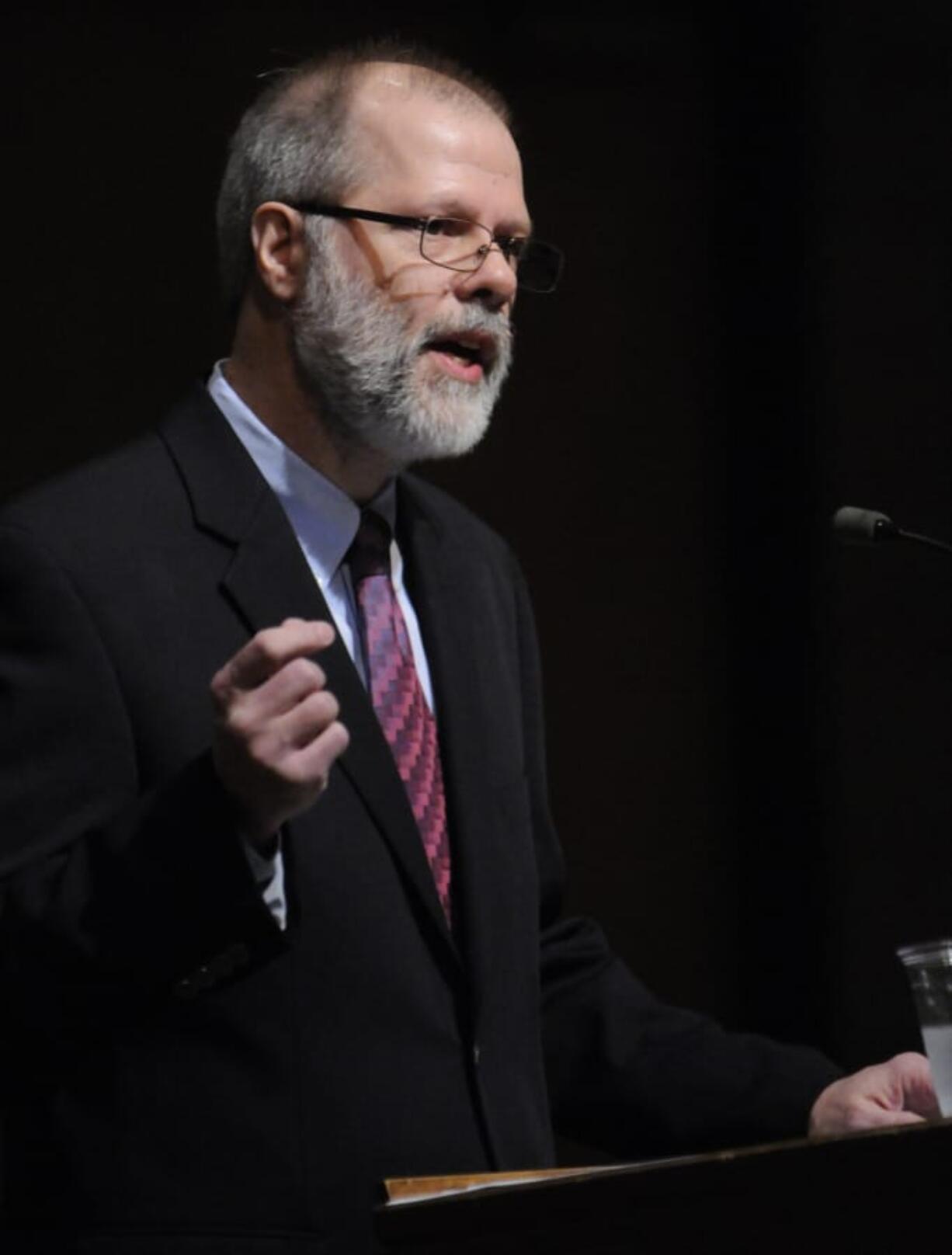 Doug Ballou speaks at a memorial service for Bud Van Cleve in Hazel Dell in 2014. Ballou served three decades as a Hazel Dell neighborhood leader, much of that time, alongside Van Cleve.