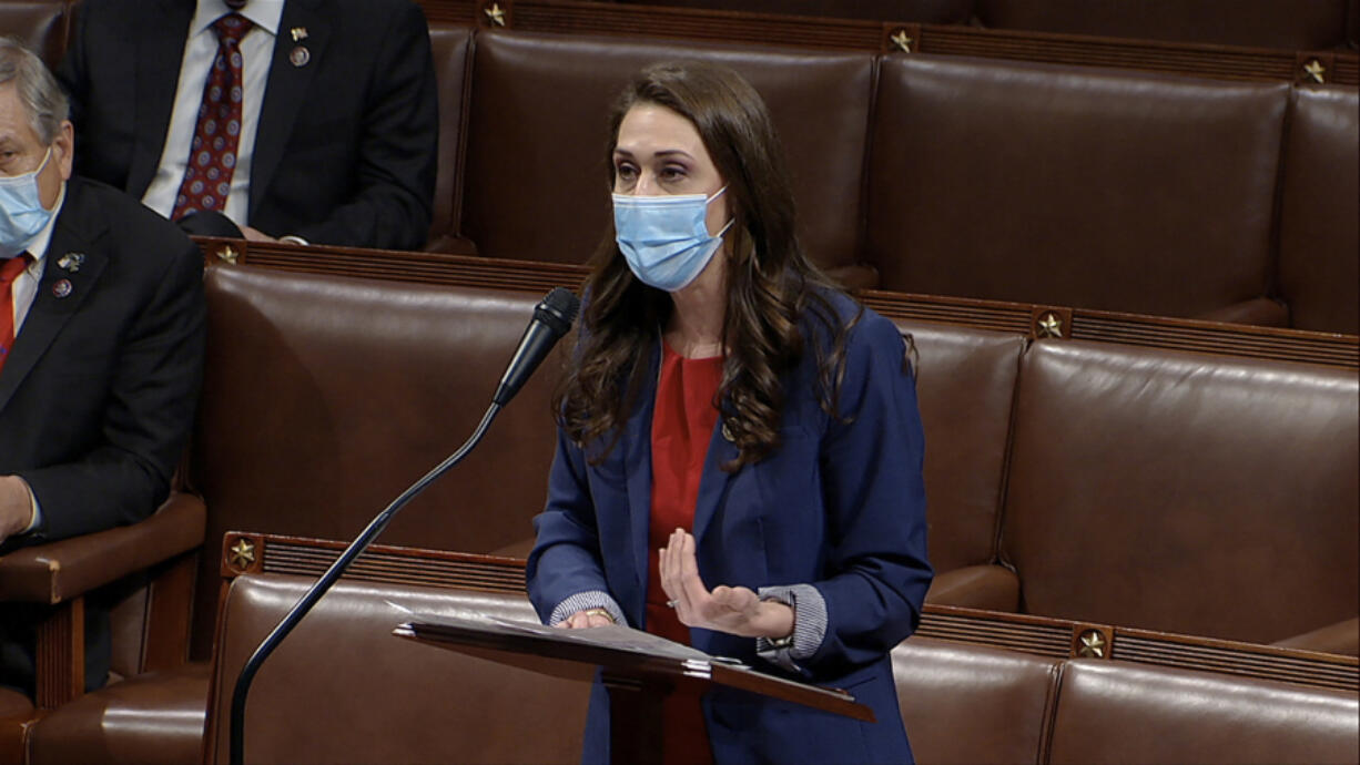 Rep. Jaime Herrera Beutler, R-Battle Ground, speaks as the House debates the objection to confirm the Electoral College vote from Pennsylvania, at the U.S. Capitol early Thursday.