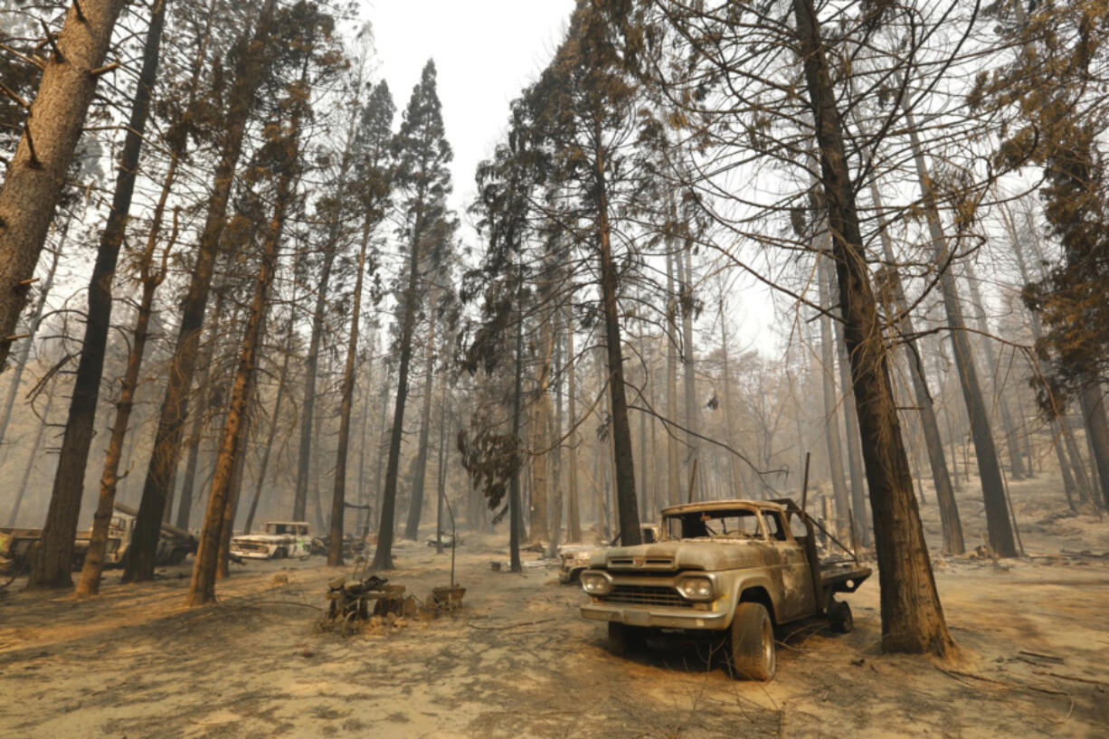 Several burnt vehicles and charred tree trunks are what&#039;s left of a homestead in Berry Creek, Calif., after the North Complex Fire in September.