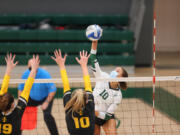 Portland State outside hitter Zoe McBride goes for a kill in a match against Idaho on Jan. 24 in Portland. McBride, who was 3A state player of the year at Prairie High School, transfered to Portland State after two successful seasons at Morgan State in Maryland.