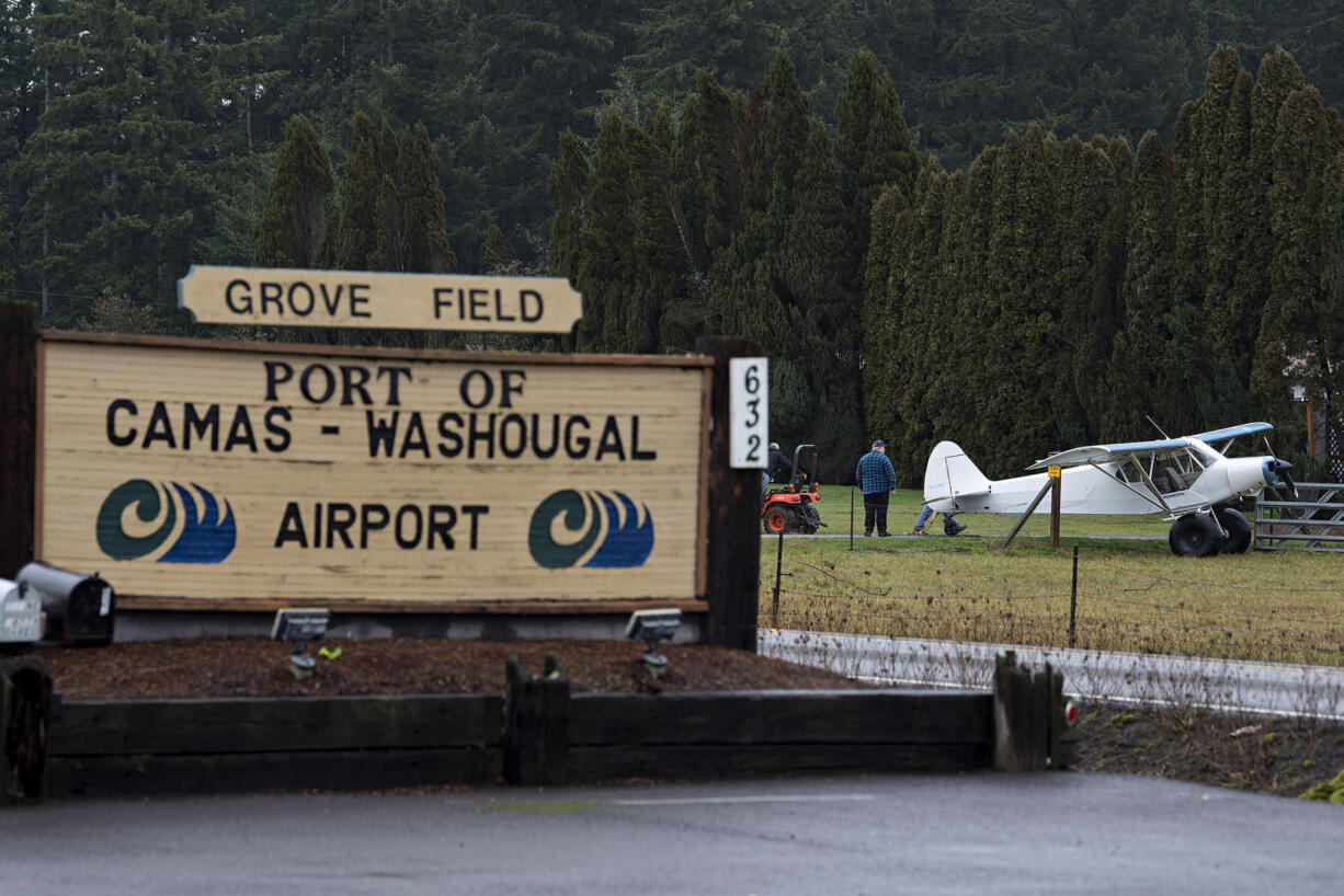 Crews respond after an aircraft made an emergency landing after takeoff near Grove Field in Camas on Friday morning, January 8, 2021. No injuries were reported.