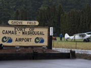 Crews respond after an aircraft made an emergency landing after takeoff near Grove Field in Camas on Friday morning, January 8, 2021. No injuries were reported.