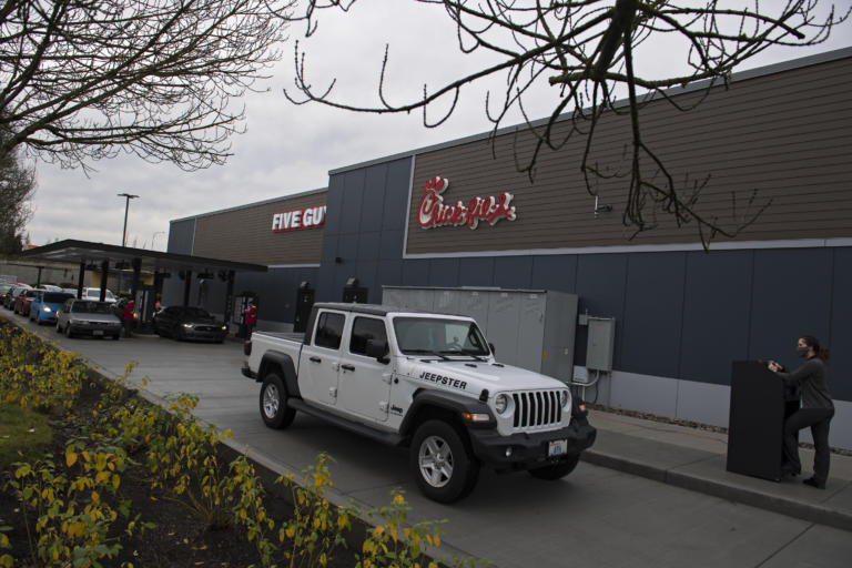 Customers line up to place an order at the new Chick-fil-A restaurant at Vancouver Mall on Thursday morning, January 7, 2021.