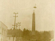 This is the only known photo of the Slacker Obelisk erected in Camas in September 1918. Anyone not supporting World War I, not buying Liberty Bonds, pacifists, union members willing to strike, anyone with a German surname, or anyone considered &quot;red&quot; was viewed by the eagerly patriotic as slacking in their duty. This attitude led to conflict and the establishment of sedition laws and surveillance groups that violated innocent citizens&#039; civil rights. No one knows when or why the structure simply vanished one day.