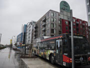 A bus on Route 71 pulls into one of the two new stops at The Waterfront Vancouver on Monday afternoon, January 11, 2021.