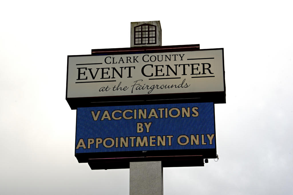 SECONDARY A sign outside Clark County Event Center at the Fairgrounds informs the public that COVID-19 vaccinations are by appointment only, as seen Monday afternoon, Jan. 25, 2021.