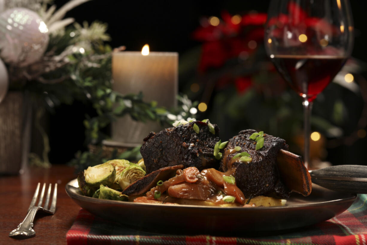 Beef short ribs Christmas dinner, prepared and styled by Shannon Kinsella, in the test kitchen. Beef short ribs feel as festive as restaurant fare, making them a stellar choice for the holiday table.