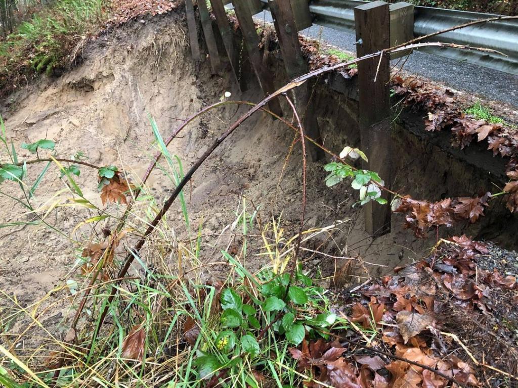 Pacific Highway just north of Griffith Road is closed at least through Tuesday as road crews deal with a mudslide undermining the road.