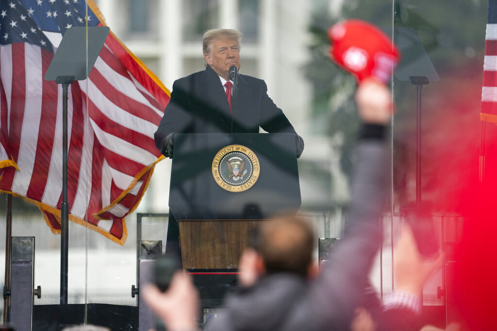 President Donald Trump speaks during a rally protesting the electoral college certification of Joe Biden as President, Wednesday, Jan. 6, 2021, in Washington.