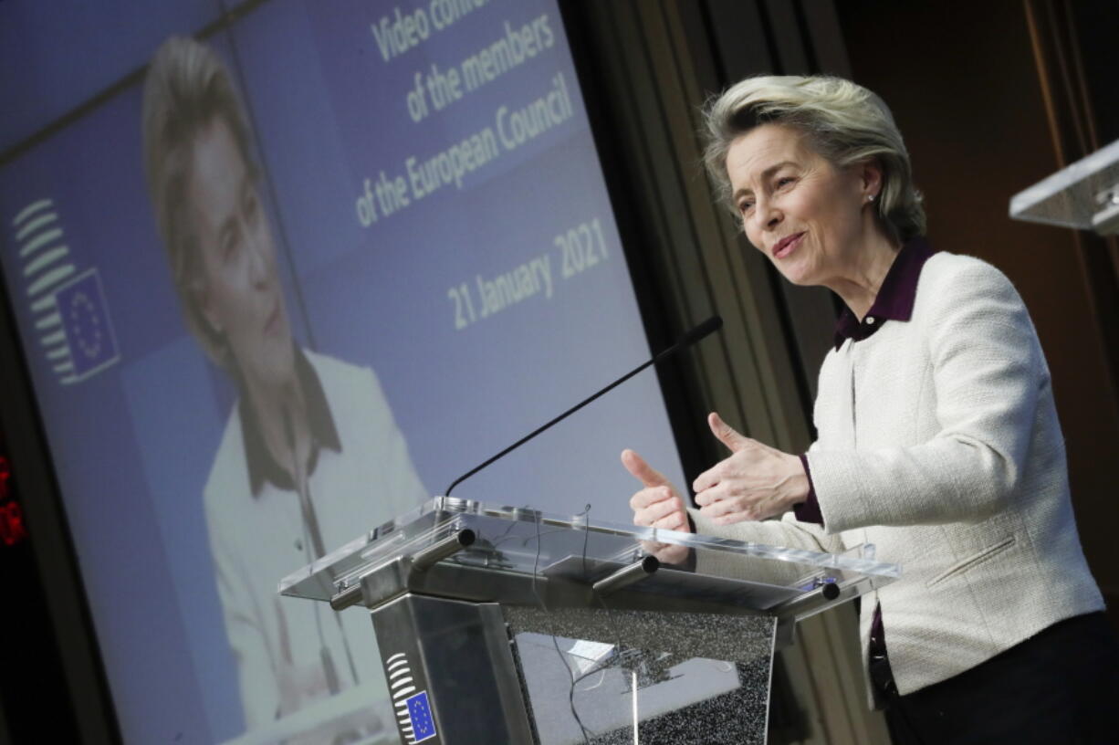 European Commission President Ursula von der Leyen speaks during a joint news conference with European Council President Charles Michel at the end of a EU summit video conference at the European Council headquarters in Brussels, Thursday, Jan. 21, 2021. European Union leaders assessed more measures to counter the spread of coronavirus variants during a video summit Thursday as the bloc&#039;s top disease control official said urgent action was needed to stave off a new wave of hospitalizations and deaths.