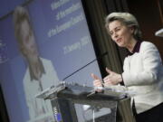 European Commission President Ursula von der Leyen speaks during a joint news conference with European Council President Charles Michel at the end of a EU summit video conference at the European Council headquarters in Brussels, Thursday, Jan. 21, 2021. European Union leaders assessed more measures to counter the spread of coronavirus variants during a video summit Thursday as the bloc&#039;s top disease control official said urgent action was needed to stave off a new wave of hospitalizations and deaths.