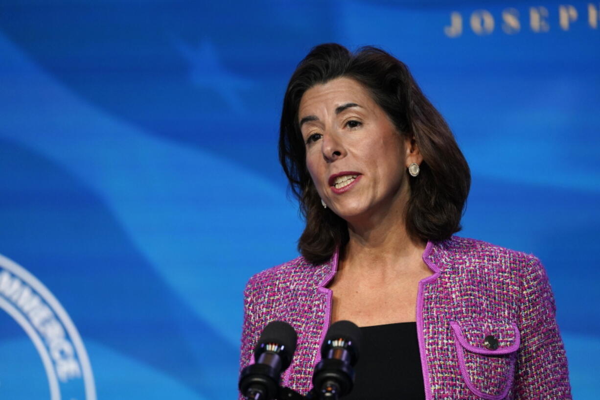 FILE - In this Jan. 8, 2021, file photo President-elect Joe Biden&#039;s nominee for Secretary of Commerce, Rhode Island Gov. Gina Raimondo speaks during an event at The Queen theater in Wilmington, Del.