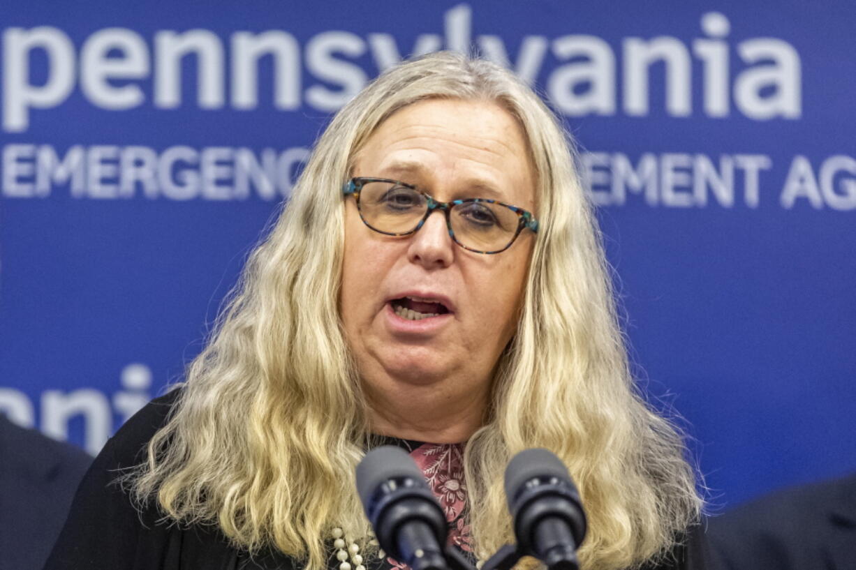 FILE - In this March 12, 2020, file photo, Pennsylvania Secretary of Health Rachel Levine provides an update on the coronavirus known as COVID-19 in Harrisburg, Pa. President-elect Joe Biden has tapped Levine to be his assistant secretary of health, leaving her poised to become the first openly transgender federal official to be confirmed by the U.S. Senate.