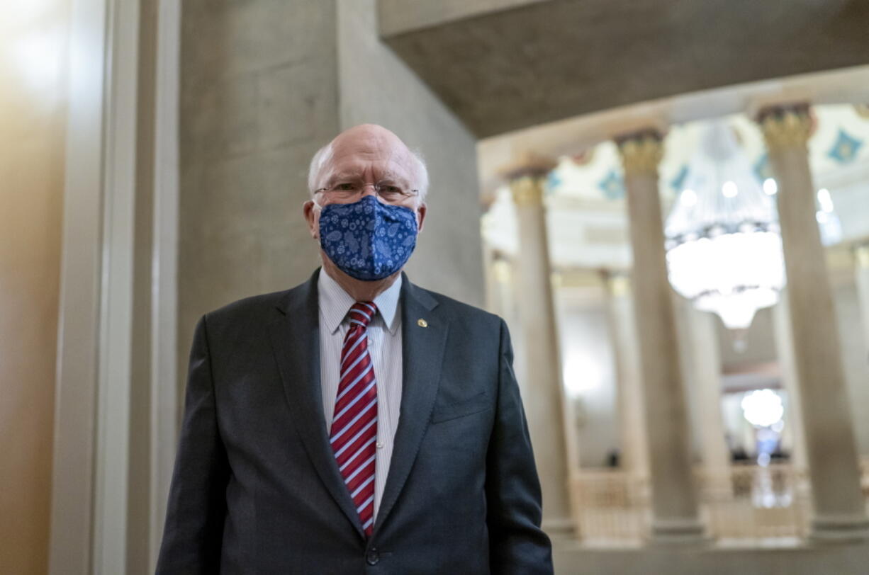 Sen. Patrick Leahy, D-Vt., the president pro tempore of the Senate, pauses in a corridor off the Rotunda as he awaits the article of impeachment against Donald Trump to be delivered, at the Capitol in Washington, Monday, Jan. 25, 2021. The Senate&#039;s longest-serving member, 80-year-old Vermont Democrat Patrick Leahy, was taken to a hospital Tuesday evening for observation after not feeling well, a spokesman said. (AP Photo/J.