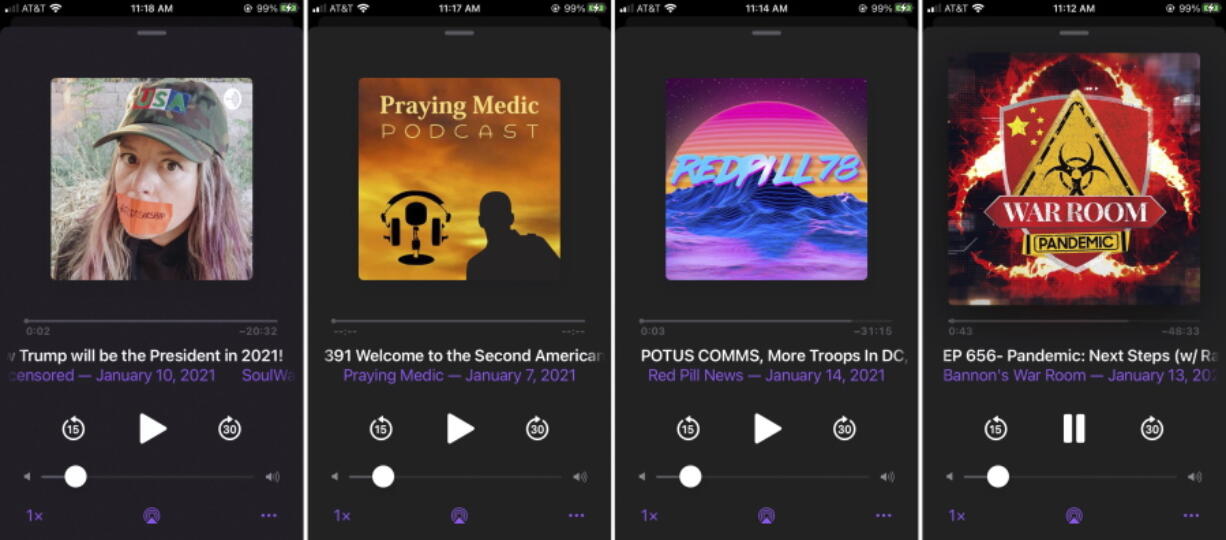 This combination of photos shows various podcasts, Friday, Jan. 15, 2021. Major social platforms have been cracking down on the spread of misinformation and conspiracy theories in the wake of the Jan. 6 riot at the Capitol. But Apple and Google, among others, have left open a major loophole: Podcasts.