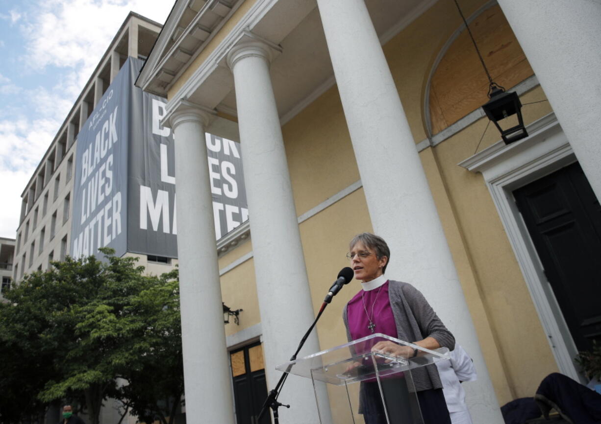 FILE - In this June 19, 2020 file photo, Rev. Mariann Budde, bishop of Washington&#039;s Episcopal diocese, speaks during a service outside St. John&#039;s Episcopal Church near the White House in Washington. Budde is among more than 2,000 faith leaders and faith-based activists who signed a statement that is set to be released Monday, Jan. 4, 2021, urging members of Congress &quot;to honor&quot; the result of November&#039;s election by avoiding &quot;a delayed and drawn out objection&quot; on Wednesday, Jan. 6 when President-elect Joe Biden&#039;s win is set to be certified.