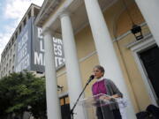 FILE - In this June 19, 2020 file photo, Rev. Mariann Budde, bishop of Washington&#039;s Episcopal diocese, speaks during a service outside St. John&#039;s Episcopal Church near the White House in Washington. Budde is among more than 2,000 faith leaders and faith-based activists who signed a statement that is set to be released Monday, Jan. 4, 2021, urging members of Congress &quot;to honor&quot; the result of November&#039;s election by avoiding &quot;a delayed and drawn out objection&quot; on Wednesday, Jan. 6 when President-elect Joe Biden&#039;s win is set to be certified.