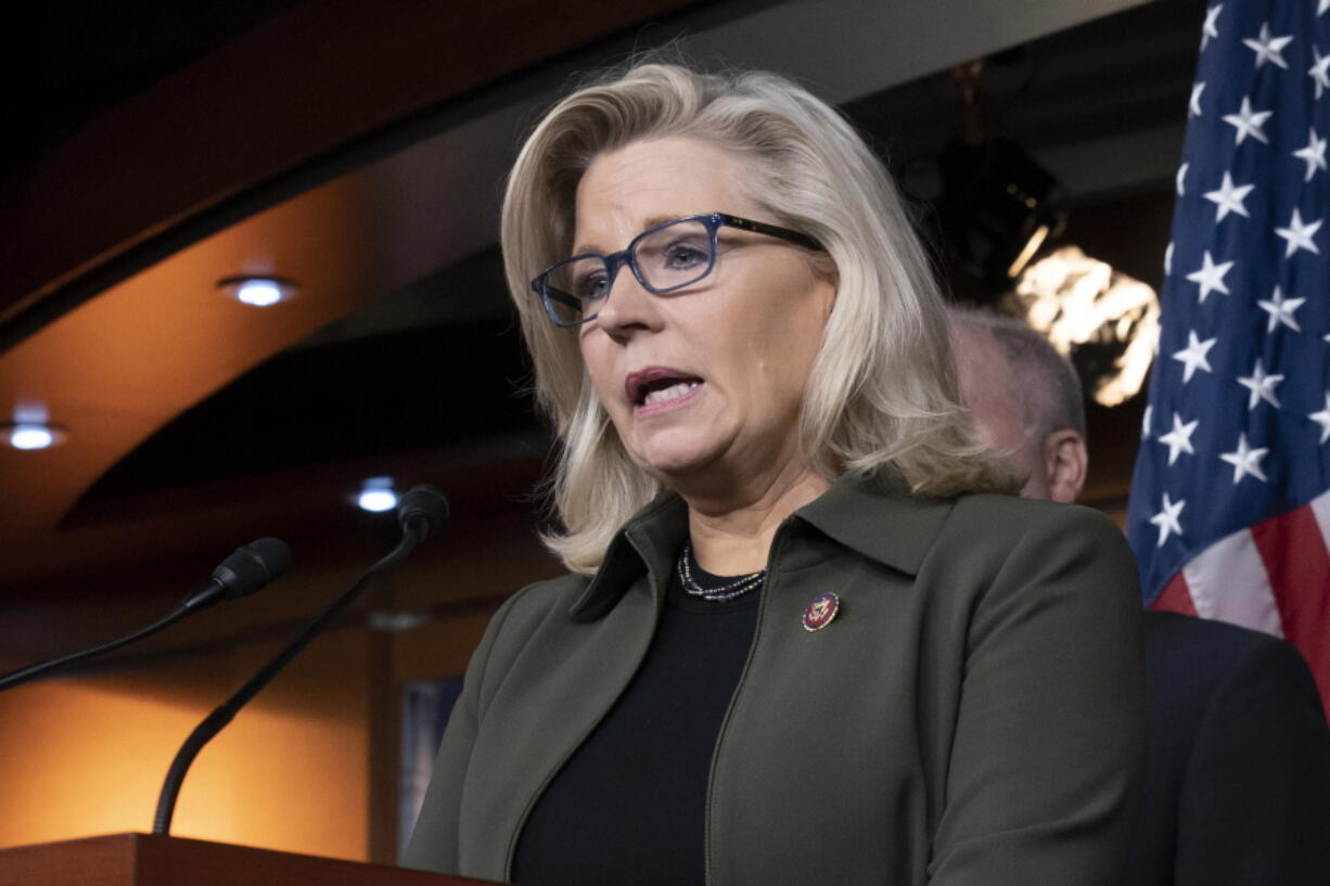 FILE - In this Dec. 17, 2019 file photo, Rep. Liz Cheney, R-Wyo., speaks with reporters at the Capitol in Washington. A nationwide fight for the GOP&#039;s future is getting fierce in Wyoming. House Republicans are expected to vote in the coming days on whether to oust Cheney from their third-ranking leadership post over her vote to impeach former President Donald Trump. Back in Cheney&#039;s GOP-dominated home state, momentum is growing not only for statewide GOP censure but also for a 2022 primary opponent (AP Photo/J.